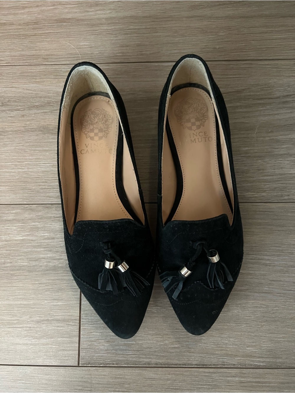 Vince Camuto black suede flats with tassles